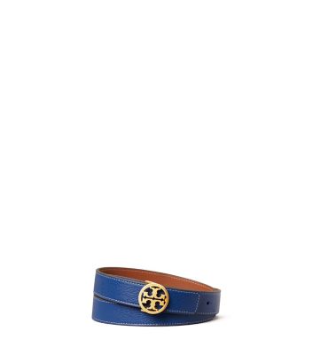 Tory Burch Reversible Logo Belt In Midnight Swim/classic Cuoio/gold