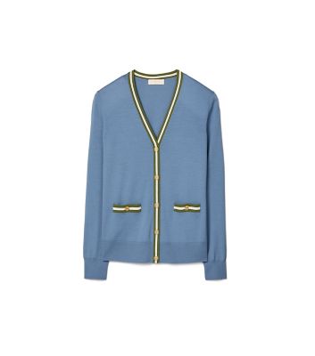 Tory Burch Color-block Madeline Cardigan In Shadow Blue / Bristol Green