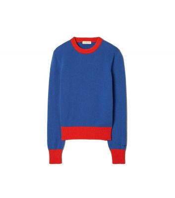 Shop Tory Burch Cashmere Color-block Sweater In Nautical Blue/brilliant Red