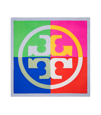 Tory Burch Colorblock Logo Silk Square Scarf In Seltzer | ModeSens
