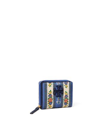 Tory Burch Mcgraw Floral Bi-fold Wallet In Blue Tea Rose Border