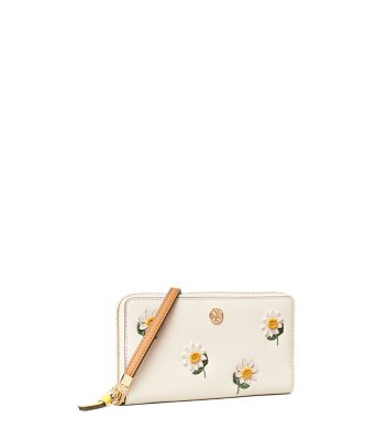 Tory Burch Robinson Embroidered Zip Continental Wallet In White | ModeSens