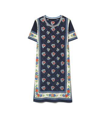 Tory Burch Printed T-shirt Dress In Navy Tea Rose Border | ModeSens