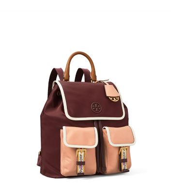 Shop Tory Burch Perry Nylon Webbing Flap Backpack In Claret/pink Moon