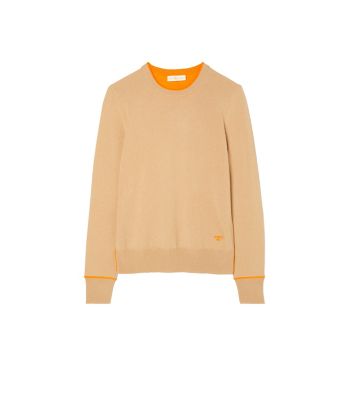 Tory Burch Cashmere Pullover In Perfect Camel/vibrant Orange