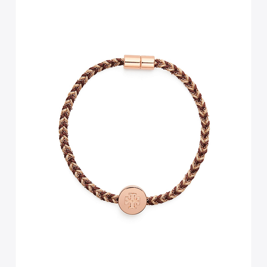 Tory Burch Kira Braided Bracelet In Rose Gold / Chocolate Brown / Pale Stone