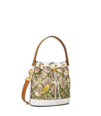 Tory Burch T Monogram Jacquard Embroidered Bucket Bag In Hazel / Gardenia