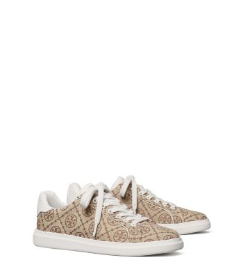 Tory Burch T-monogram Howell Court Sneakers In Hazelnut/snow White