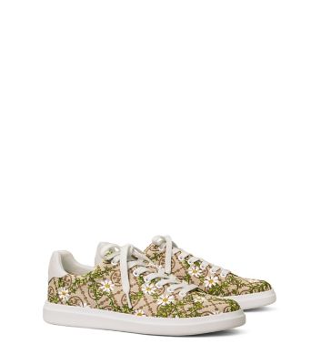 Tory Burch T Monogram Howell Floral-embroidered Sneakers In Hazel / Snow White