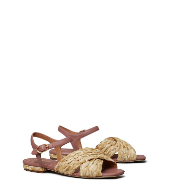 Tory Burch Kira Quilted Raffia Ankle-strap Sandal In Natural / Rose Tea