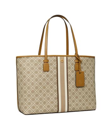 NEW TORY BURCH MONOGRAM COATED CANVAS TOP ZIP TOTE Granola NWT