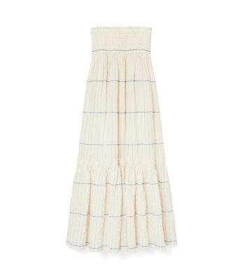 Tory Burch Smocked Skirt In Ivory / Duchess Blue Swim Open Stripe | ModeSens