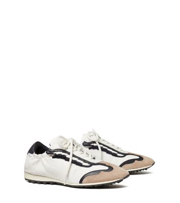 Tory Sport Ruffled Mesh And Suede-trimmed Leather Golf Sneakers In Snow White/perfect Navy
