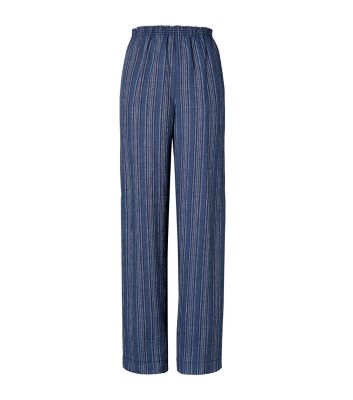 Tory Burch Striped Linen Straight-leg Trousers In Indigo Linen Bulk