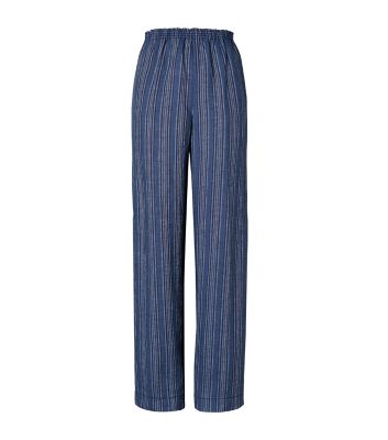 Tory Burch Striped Linen Straight-leg Pants In Indigo Linen Bulk