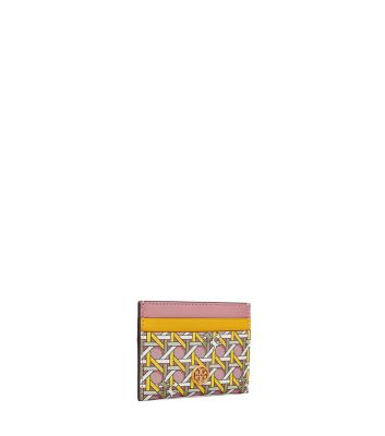 Tory Burch Robinson Rattan Print Leather Card Case In Pink Basketweave