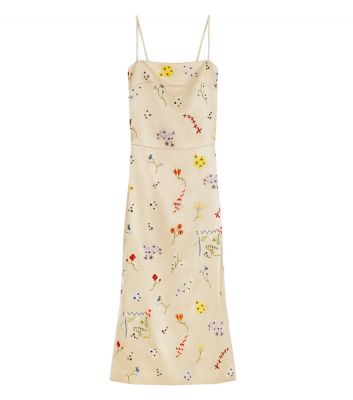 Tory Burch Embroidered Satin Midi Sheath Dress In Pale Stone | ModeSens