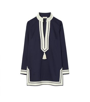 Tory Burch Blue Tunic With Contrasting Details And Tassel In Tory Navy