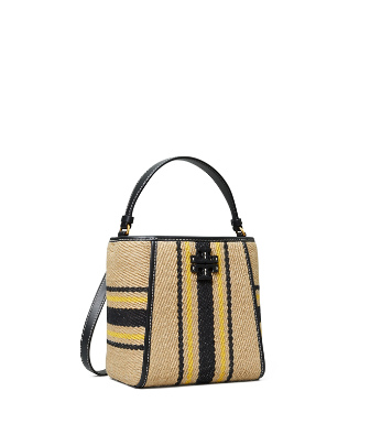 Tory Burch Mcgraw Linen Stripe Small Bucket Bag In Natural / Black