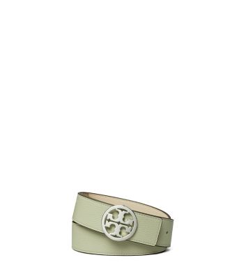Tory Burch Logo Reversible Leather Belt In Pine Frost / New Cream / Silver