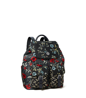 Mixed-print Nylon Flap Backpack In Red Retro Block Print / Lyonnaise Floral