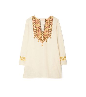 Tory Burch Embroidered Linen Tunic Dress In French Cream | ModeSens
