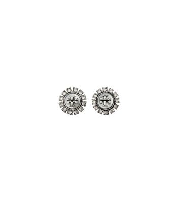 Tory Burch Women's Kira Silvertone, Mother-of-pearl & Crystal Logo Stud Earrings In Antique Pewter / Mop / Crystal