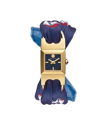 DOUBLE-T LINK WATCH, NAVY SILK/LEATHER/GOLD-TONE, 18 X 18 MM