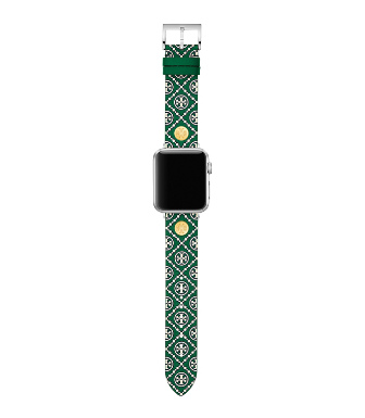 Tory Burch T MONOGRAM BAND FOR APPLE WATCH®, GREEN/WHITE LEATHER, 38 MM - 40 MM