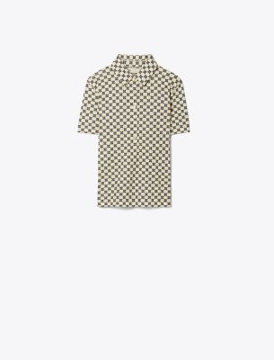 Tory Sport Tory Burch Printed Performance Polo In Sesame/tory Navy Lucky Geo