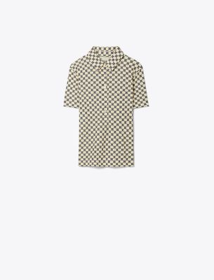 Tory Sport Tory Burch Printed Performance Polo In Sesame/tory Navy Lucky Geo