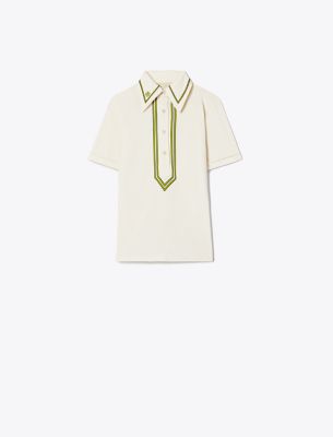 Tory Sport Tory Burch Retro Mercerized Cotton Polo In Sesame/bright Chartreuse