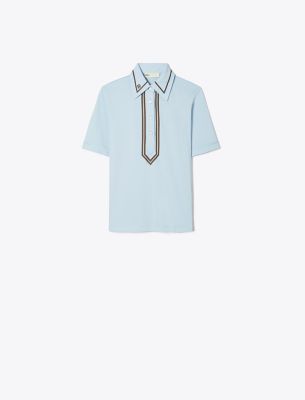 Tory Sport Tory Burch Mercerized Cotton Retro Polo In Ice Floe/mocha Chip