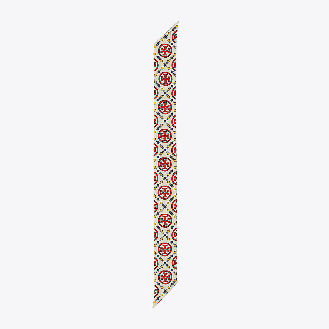 Tory Burch T Monogram Double-sided Silk Ribbon Tie In Deco T Monogram C