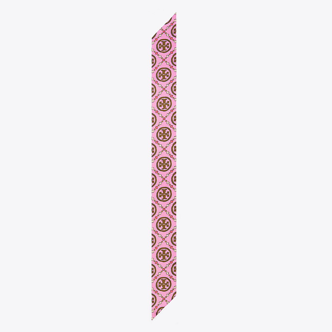 Tory Burch T Monogram Double-sided Silk Ribbon Tie In Pink