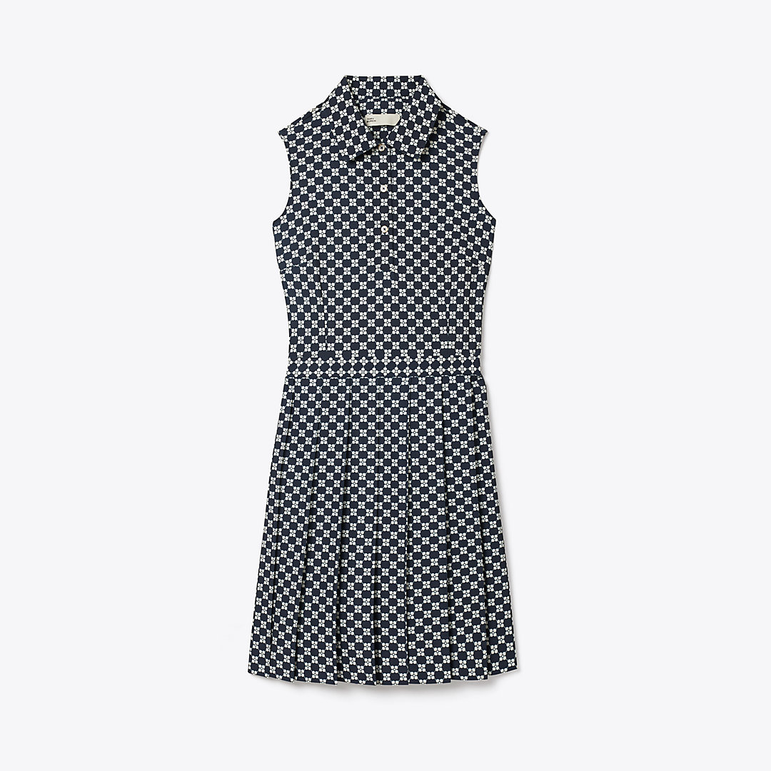 Tory Burch Printed Performance Pleated Dress In Tory Navy Lucky Geo Small