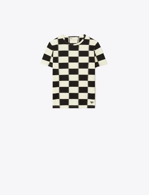 Tory Burch Women's Checkerboard T-Shirt in Black/French Cream, Size M