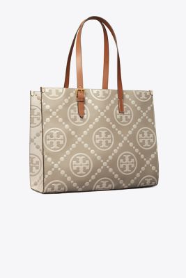 Tory Burch T Monogram Small Contrast Embossed Tote In Longan/new Cream