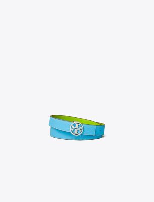 Tory Burch Miller Reversible Logo Belt In Moroccan Blue/wheatgrass/silver