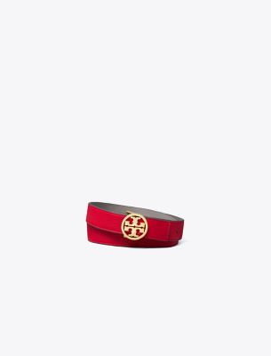 Tory Burch Reversible Leather Logo Belt In Red Apple/gray Heron/gold