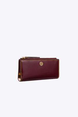 Tory Burch Robinson Spazzolato Zip Slim Wallet In Beetle Berry