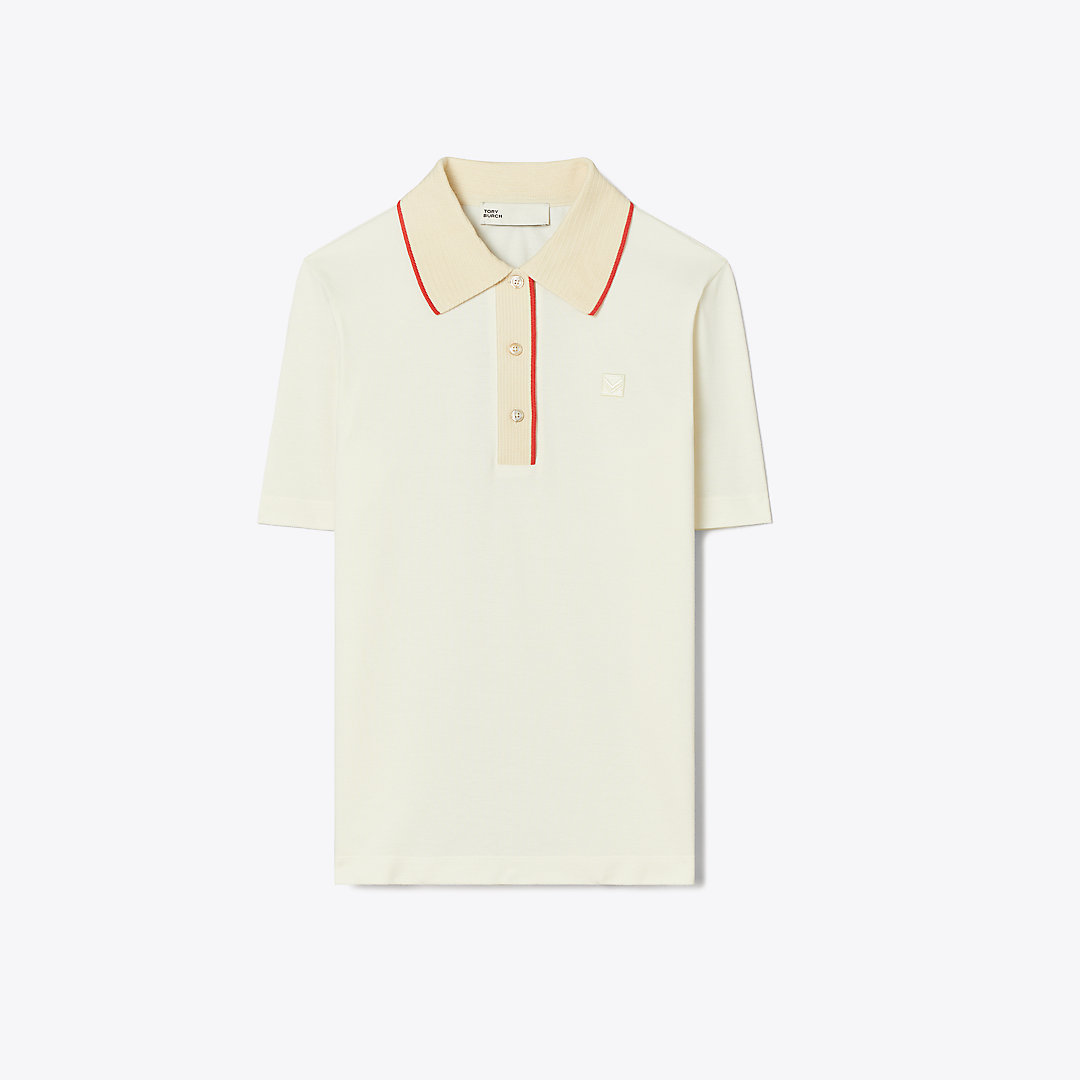Tory Sport Vintage Collar Piqué Polo In New Ivory/red