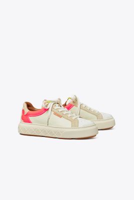 Tory Burch Ladybug Leather Platform Sneakers In New Cream/flourescent Pink/light G