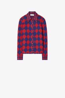 Tory Burch Jacquard Sweater In Indigo Sky/red Flame