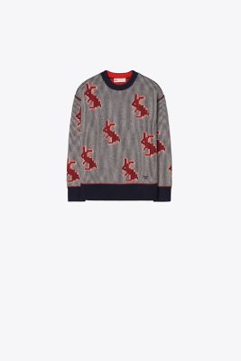 Tory Burch Jacquard Rabbit Sweater In Tory Navy | ModeSens