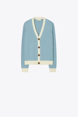 Tory Burch Colorblock Button-down Cashmere Cardigan In Midday Blue/soft Ivory