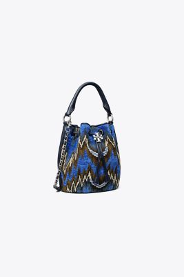 Tory Burch Fleming Soft Flame Stitch Bucket Bag In Blue Dahlia Multi