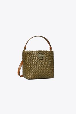 Tory Burch Mcgraw Dragon Woven Small Bucket Bag in Brown