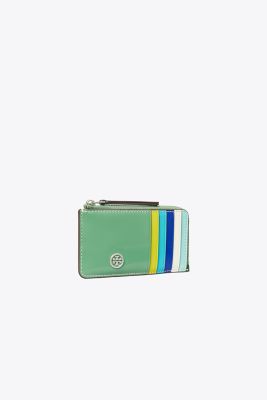 Tory Burch Robinson Spazzolato Top-zip Card Case In Patina