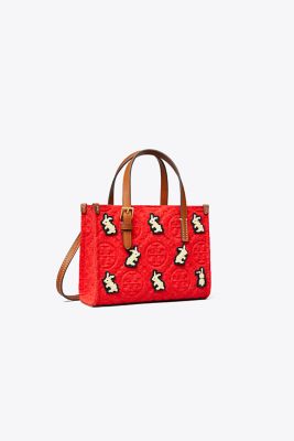 Tory Burch Mini T Monogram Embroidered Rabbit Square Tote In Red